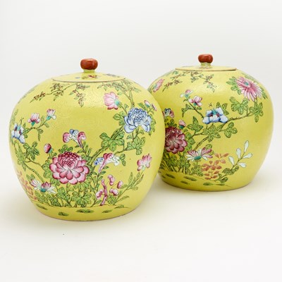 Lot 287 - A Pair of Chinese Yellow Ground Porcelain Jars and Covers