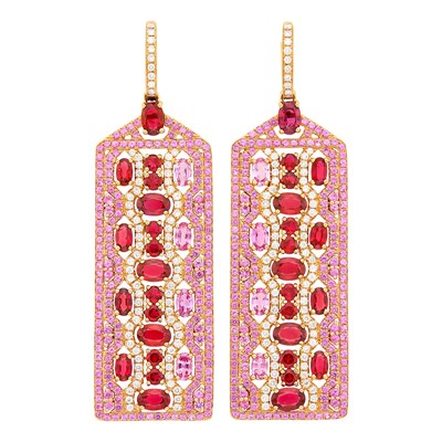 Lot 1077 - Robert Procop Pair of Rose Gold, Ruby, Pink Sapphire and Diamond Pendant-Earrings