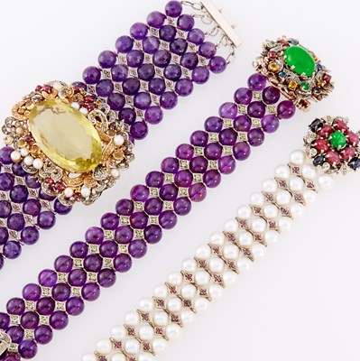 Lot 1272 - Three Silver, Low Karat Rose Gold, Amethyst Bead, Freshwater Pearl, Gem-Set and Diamond Bracelets