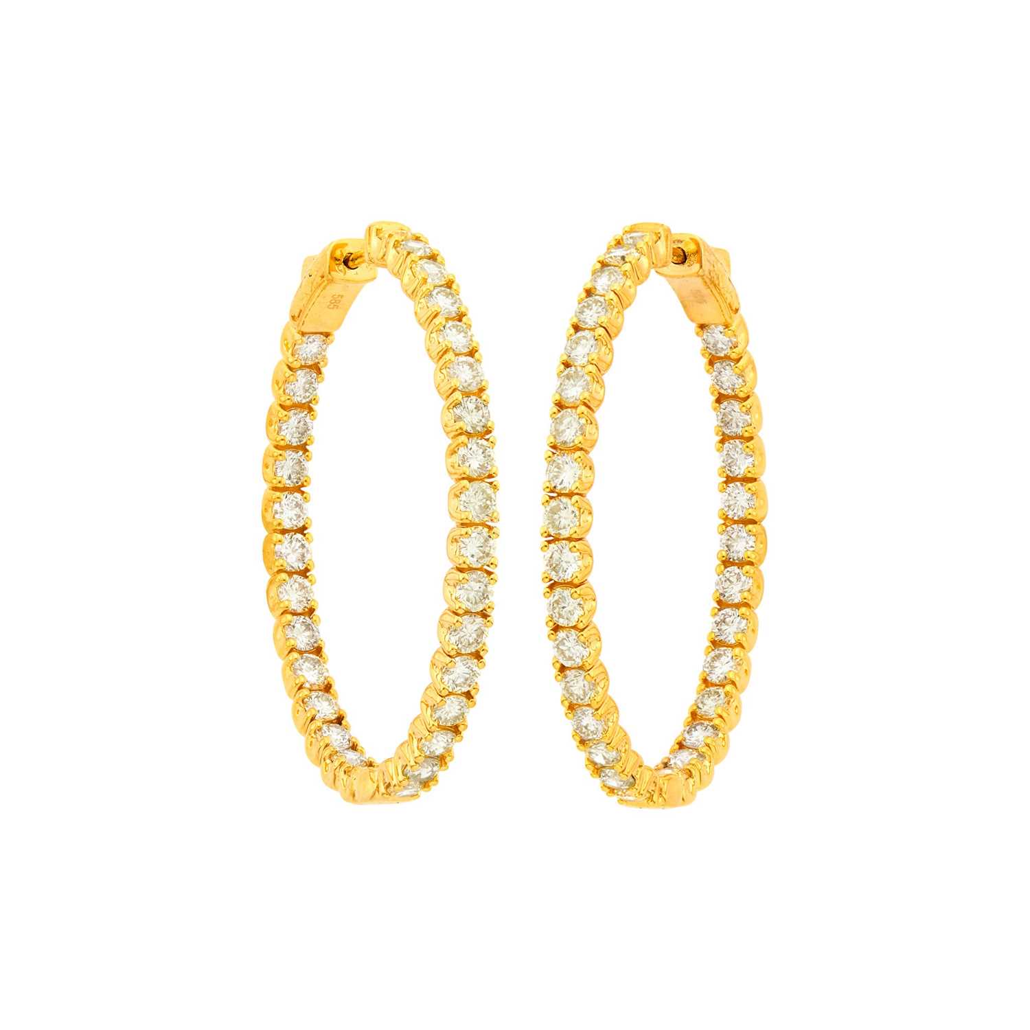 Lot 1084 - Pair of Gold and Colored Diamond Hoop Earrings