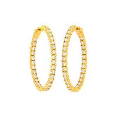 Lot 1084 - Pair of Gold and Colored Diamond Hoop Earrings