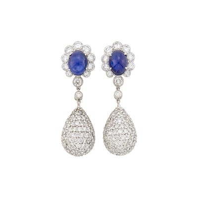 Lot 1057 - Pair of White Gold, Cabochon Sapphire and Diamond Pendant-Earrings