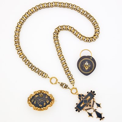 Lot 1284 - Group of Gold, Silver, Black Onyx, Black Enamel and Seed Pearl Jewelry