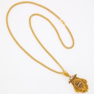 Lot 1131 - Antique Low Karat Gold Gold and Seed Pearl Locket Pendant with Long Gold Chain Necklace