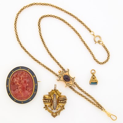 Lot 1129 - Gold, Gold-Filled and Garnet Slide Necklace, Gold and Red Amber Cameo Brooch, Fob Seal and Pendant-Brooch