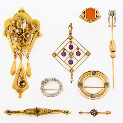 Lot 1282 - Group of Gold, Low Karat Gold, Gold-Filled and Gem-Set Jewelry