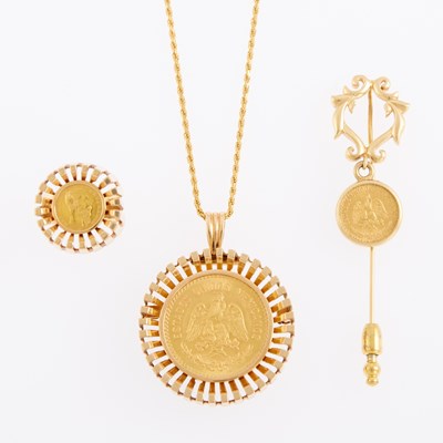 Lot 1287 - Gold and Gold Coin Stick Pin, Ring and Pendant-Brooch with Chain Necklace