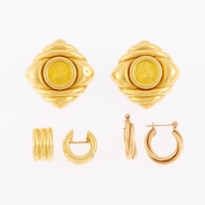 Lot 1217 - Pair of Gold and Gold Coin Earclips and Two Pairs of Hoop Earrings