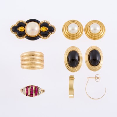 Lot 1246 - God, Mabé Pearl, Black Onyx, Yellow Sapphire and Diamond Brooch and Group of Gold and Metal Jewelry