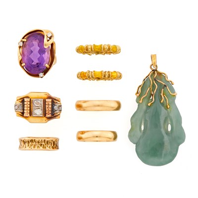 Lot 1274 - Group of Gold, Enamel, Diamond and Amethyst Rings and Carved Jade Pendant