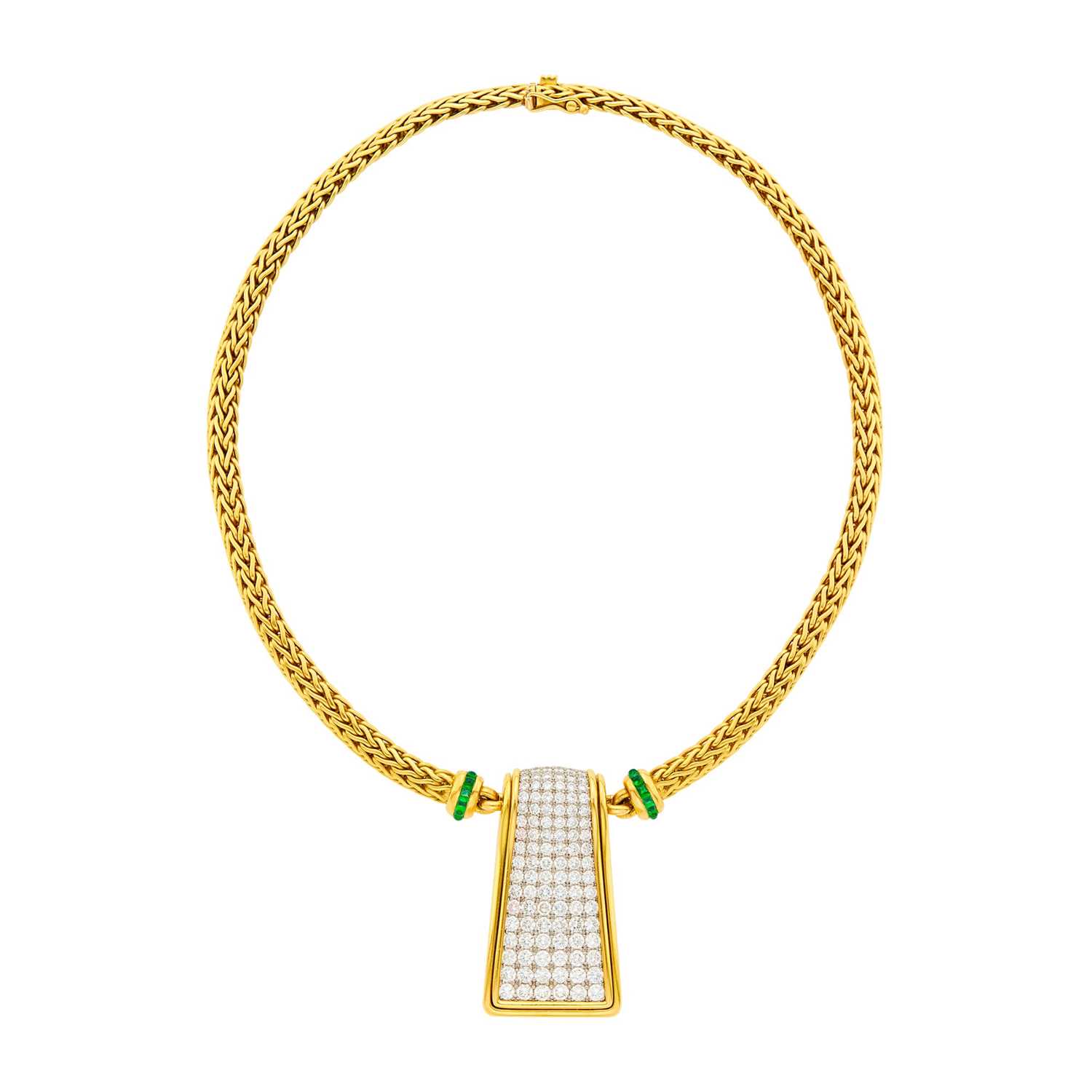 Lot 92 - Gold, Platinum, Diamond and Cabochon Emerald Braided Mesh Necklace