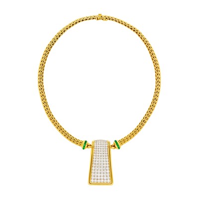Lot 92 - Gold, Platinum, Diamond and Cabochon Emerald Braided Mesh Necklace