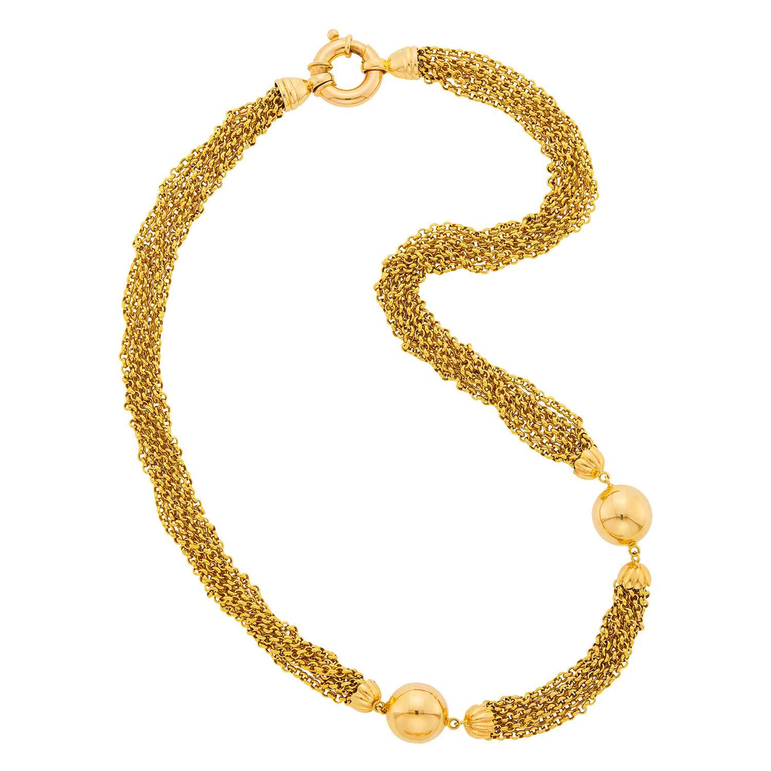 Lot 24 - Long Gold Seven Strand Chain and Bead Necklace