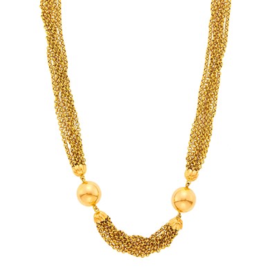 Lot 24 - Long Gold Seven Strand Chain and Bead Necklace