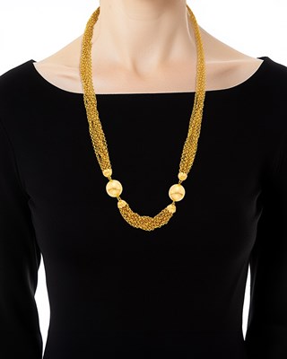 Lot 24 - Long Gold Seven Strand Chain and Bead Necklace