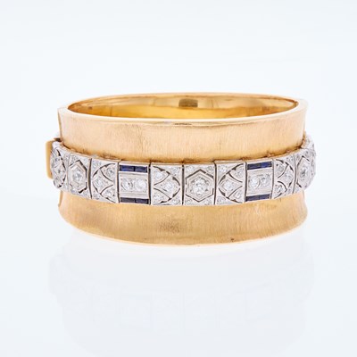 Lot 1122 - Gold, Platinum, Diamond and Synthetic Sapphire Cuff Bracelet