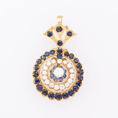 Lot 1235 - Gold, Sapphire, Laser-Drilled Diamond and Diamond Pendant