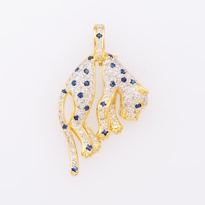 Lot 1208 - Two-Color Gold, Sapphire and Diamond Leopard Pendant