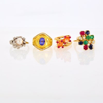 Lot 1276 - Four Yellow and White Gold, Gem-Set and Diamond Rings