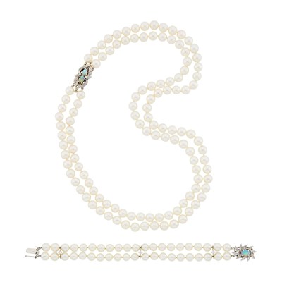 Lot 1266 - Double Strand Cultured Pearl Necklace with White Gold, White Opal and Diamond Clasp and Bracelet