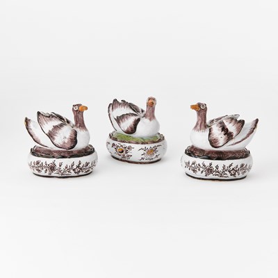 Lot 568 - Pair of Dutch Delft Manganese Painted Bird-Form Butter Tubs