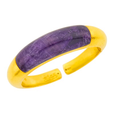 Lot 27 - Ilias Lalaounis Hammered High Karat Gold and Cabochon Amethyst Cuff Bangle Bracelet