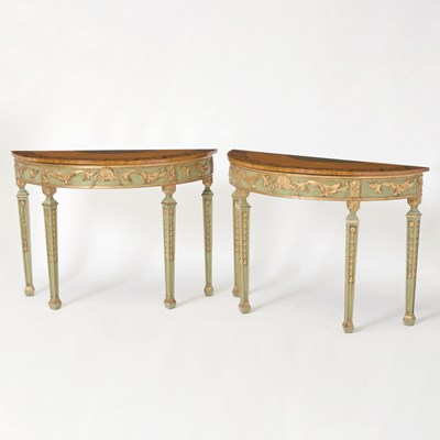 Lot 547 - Pair of George III Style Green Stained, Painted and Parcel-Gilt Satinwood Demilune Side Tables