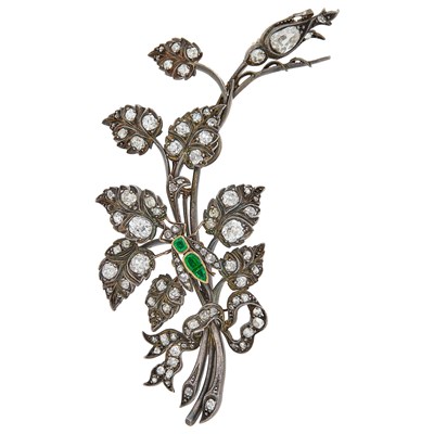 Lot 1114 - Antique Silver, Gold, Diamond and Emerald Floral Brooch, France