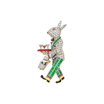 Lot 205 - Raymond C. Yard Platinum, Diamond, Gem-Set and Enamel Rabbit Waiter Brooch