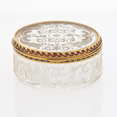 Lot 590 - Continental Guilloche Enamel Gold Mounted Rock Crystal Pill Box