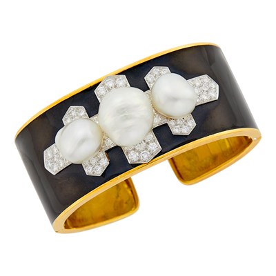 Lot 93 - David Webb Gold, Platinum, South Sea Baroque Cultured Pearl, Black Enamel and Diamond Cuff Bangle Bracelet