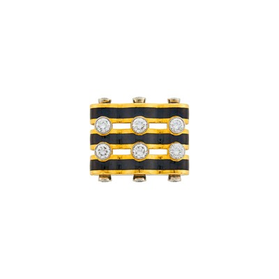 Lot 90 - David Webb Gold, Platinum, Black Enamel and Diamond Ring