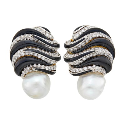 Lot 94 - David Webb Pair of Gold, Platinum, South Sea Baroque Cultured Pearl, Black Enamel and Diamond Earclips
