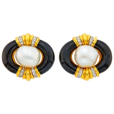 Lot 92 - David Webb Pair of Hammered Gold, Platinum, South Sea Baroque Cultured Pearl, Black Enamel and Diamond Earrings