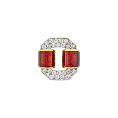 Lot 78 - David Webb Gold, Platinum, Diamond and Red Enamel Buckle Ring