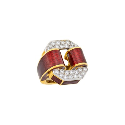 Lot 78 - David Webb Gold, Platinum, Diamond and Red Enamel Buckle Ring