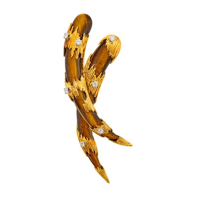 Lot 1012 - Cartier Gold, Tiger's Eye and Diamond Clip-Brooch, France