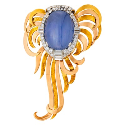 Lot 52 - Two-Color Gold, Platinum, Star Sapphire and Diamond Clip-Brooch
