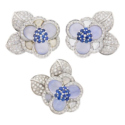Lot 1122 - Pair of White Gold, Blue Chalcedony, Moonstone, Sapphire and Diamond Flower Earclips and Ring