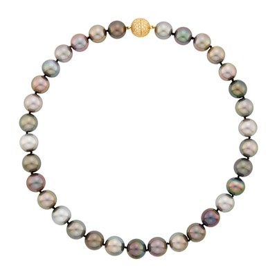 Lot 1107 - Tahitian Gray Cultured Pearl Necklace with Gold and Diamond Ball Clasp