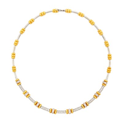 Lot 1053 - Two-Color Gold and Diamond Link Necklace