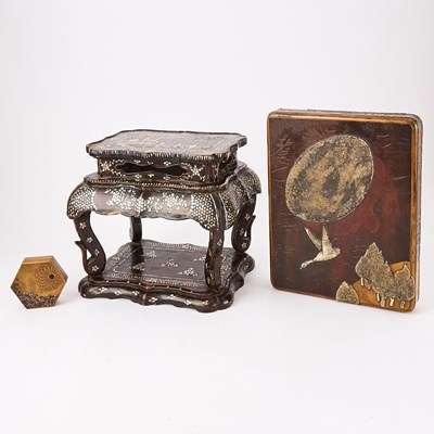 Lot 739 - Three Japanese Lacquered and Shell-Inlay Articles