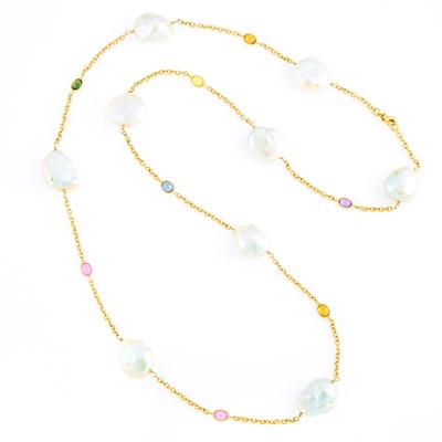 Lot 3053 - Long Gold, Baroque Freshwater Pearl and Multicolored Sapphire Chain Necklace