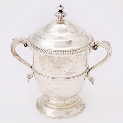 Lot 146 - Horse Racing Interest: Ensko Georgian Style Sterling Silver Two Handled Covered Cup