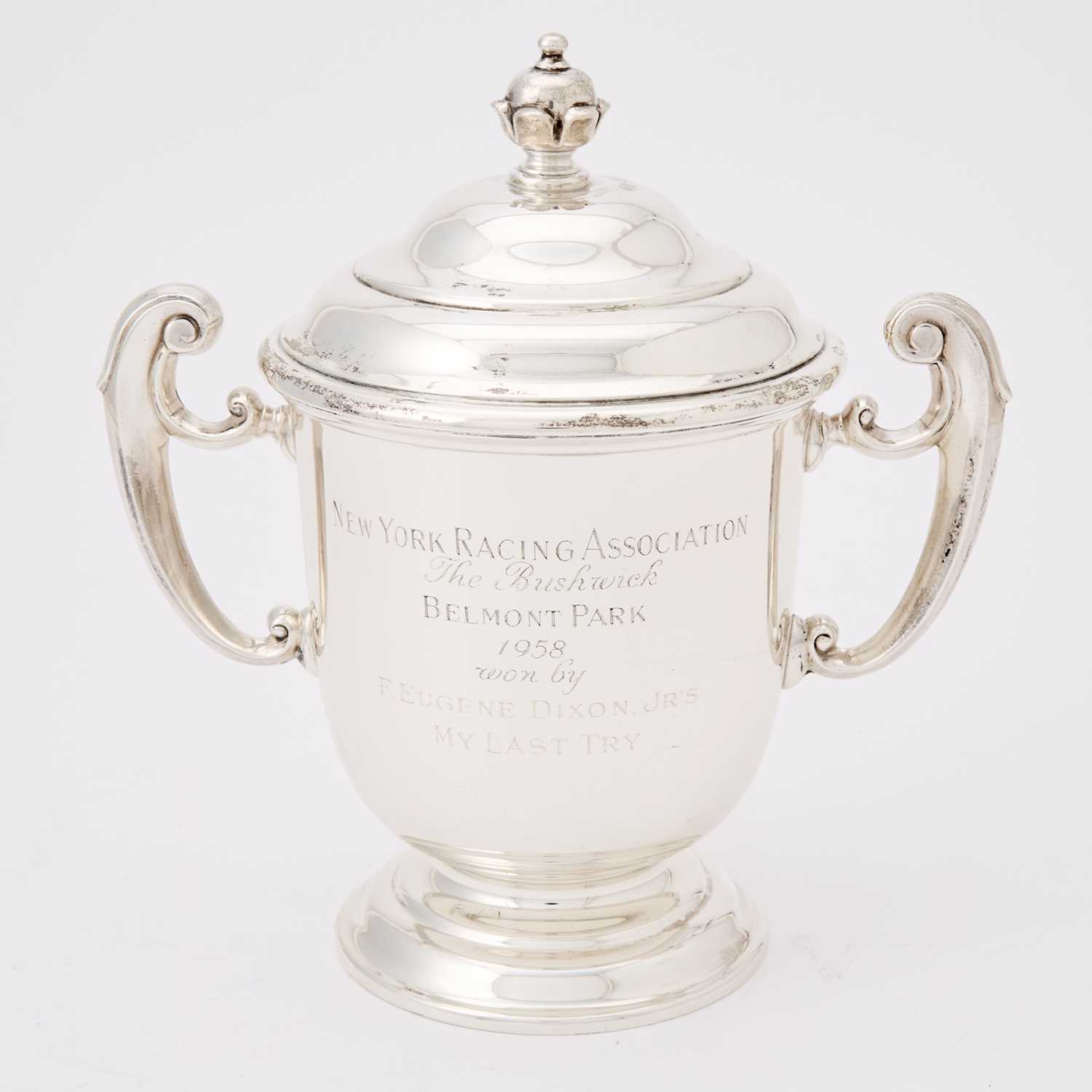 Lot 147 - Horse Racing Interest: American Georgian Style Sterling Silver Two Handled Covered Cup
