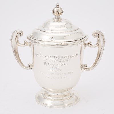 Lot 147 - Horse Racing Interest: American Georgian Style Sterling Silver Two Handled Covered Cup