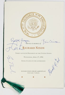 Lot 358 - The signatures of five Presidents gathered at the memorial service for Richard Nixon