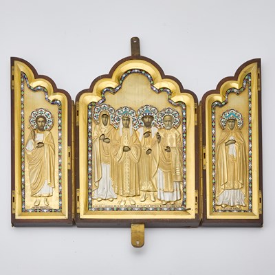 Lot 120 - Russian Silver-Gilt, Cloisonné and Champlevé Enamel Triptych Icon