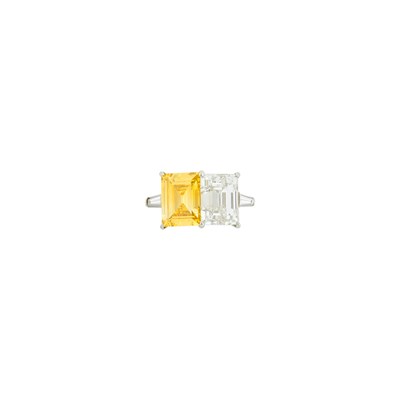 Lot 160 - Platinum, Diamond and Fancy Intense Orange-Yellow Diamond 'Toi et Moi' Ring