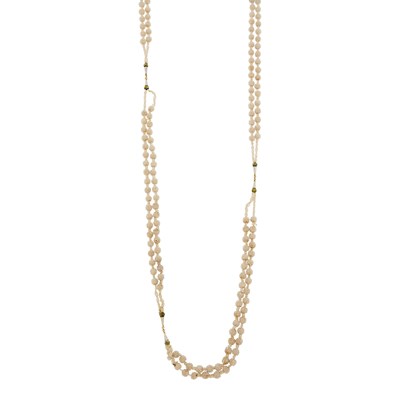 Lot 1038 - Long Antique Double Strand Seed Pearl Bead Gold and Enamel Necklace